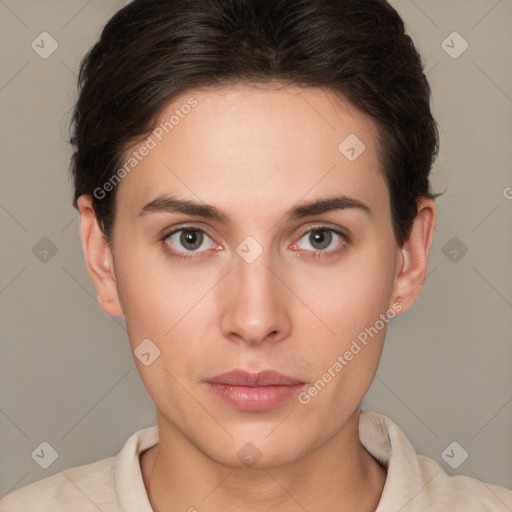 Neutral white young-adult female with short  brown hair and brown eyes