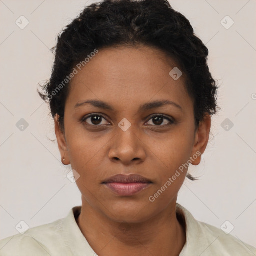 Neutral black young-adult female with short  black hair and brown eyes