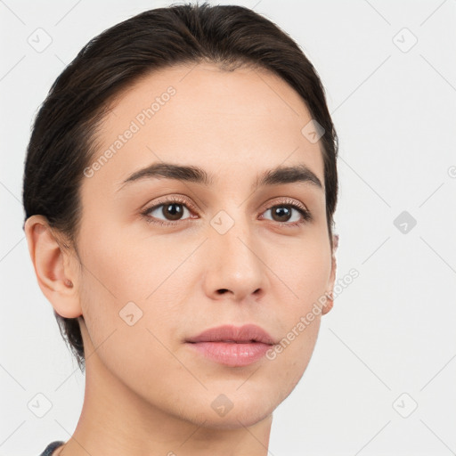 Neutral white young-adult female with short  brown hair and brown eyes