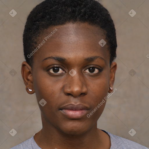 Neutral black young-adult female with short  black hair and brown eyes