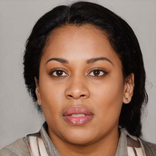 Joyful latino young-adult female with medium  black hair and brown eyes