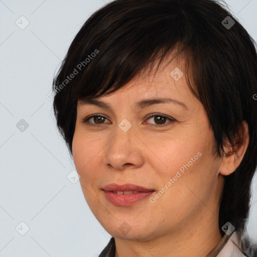 Joyful white adult female with medium  brown hair and brown eyes