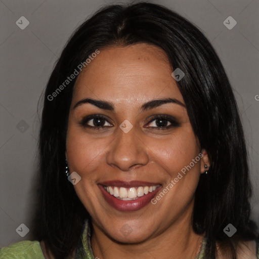 Joyful latino young-adult female with long  brown hair and brown eyes