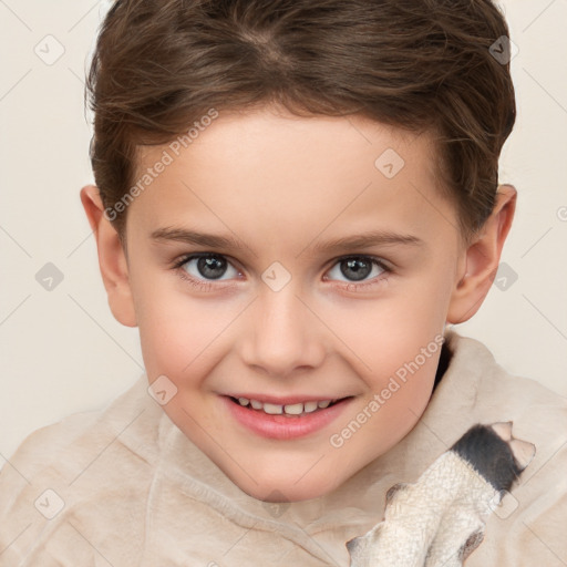 Joyful white child female with short  brown hair and brown eyes