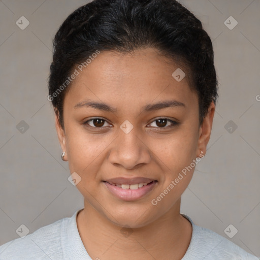 Joyful latino young-adult female with short  brown hair and brown eyes