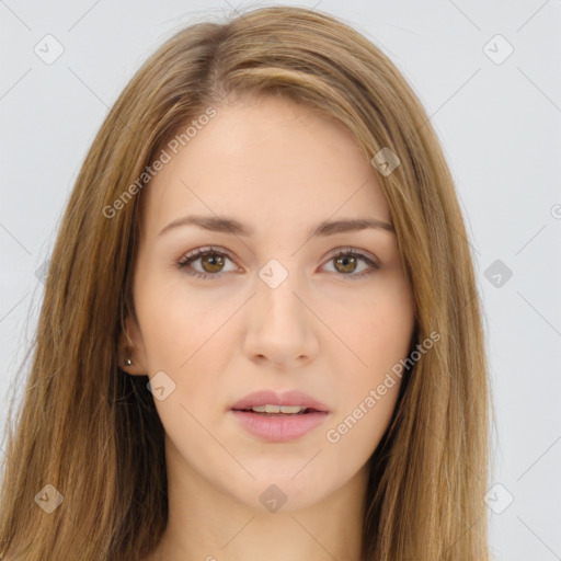 Neutral white young-adult female with long  brown hair and brown eyes