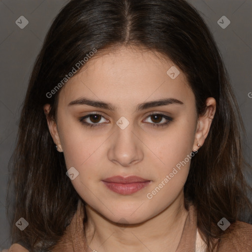 Neutral white young-adult female with medium  brown hair and brown eyes