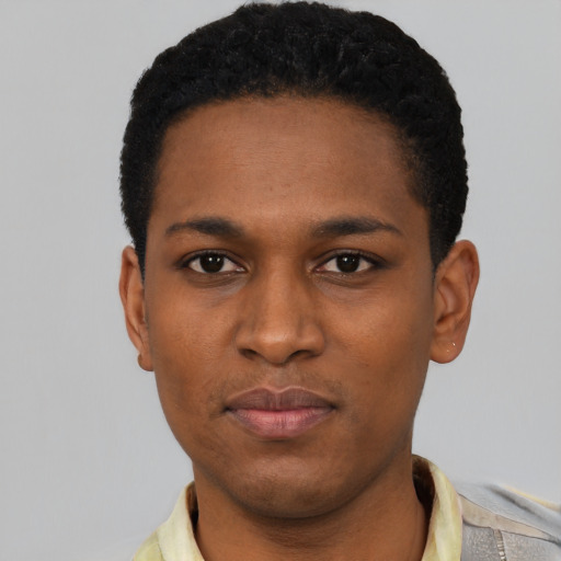 Neutral black young-adult male with short  black hair and brown eyes