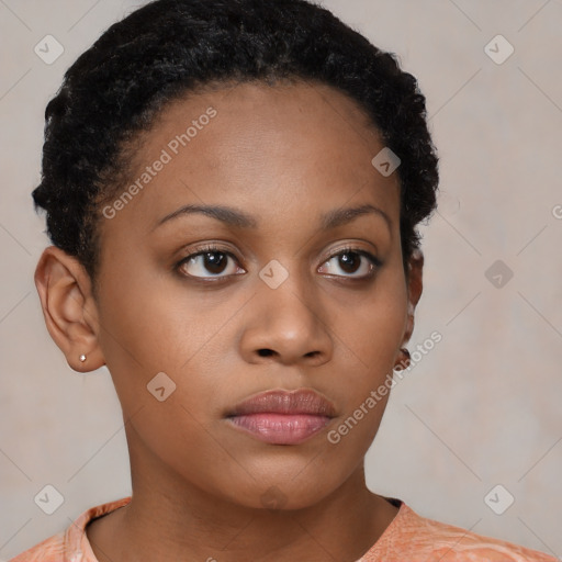 Neutral black young-adult female with short  brown hair and brown eyes