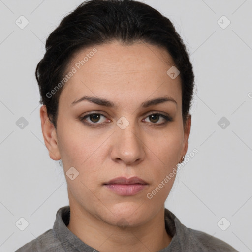 Neutral white young-adult female with short  brown hair and brown eyes