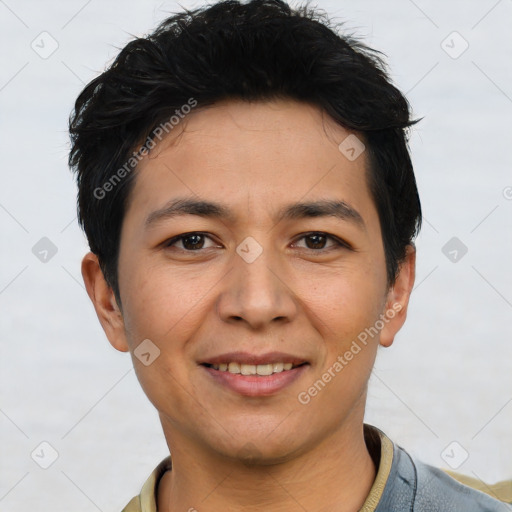 Joyful asian young-adult male with short  black hair and brown eyes