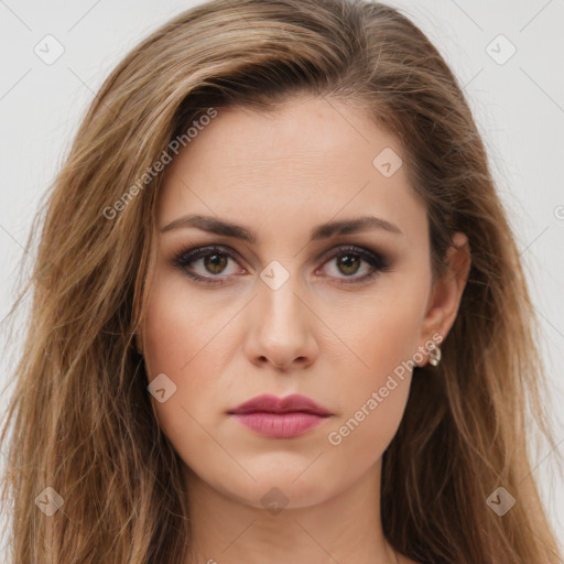 Neutral white young-adult female with long  brown hair and brown eyes