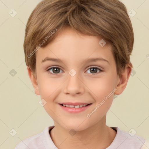 Joyful white child female with short  brown hair and brown eyes