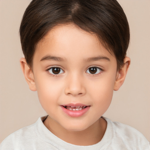 Joyful white child female with short  brown hair and brown eyes