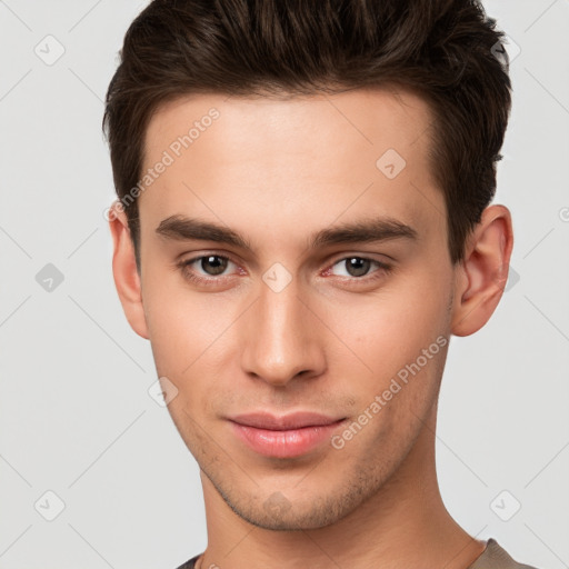 Neutral white young-adult male with short  brown hair and brown eyes