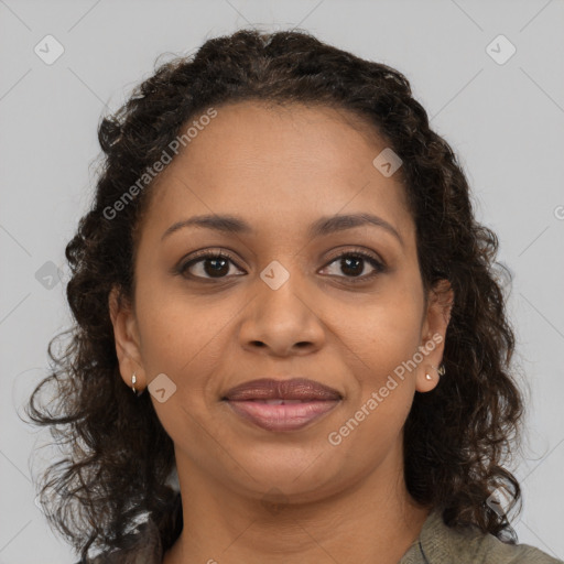 Joyful black young-adult female with medium  brown hair and brown eyes