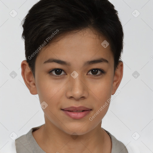 Joyful latino young-adult female with short  brown hair and brown eyes