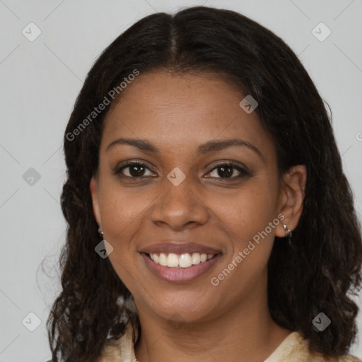 Joyful black young-adult female with medium  brown hair and brown eyes