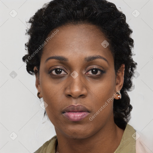 Neutral black young-adult female with short  black hair and brown eyes