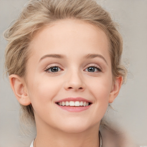 Joyful white child female with medium  brown hair and blue eyes