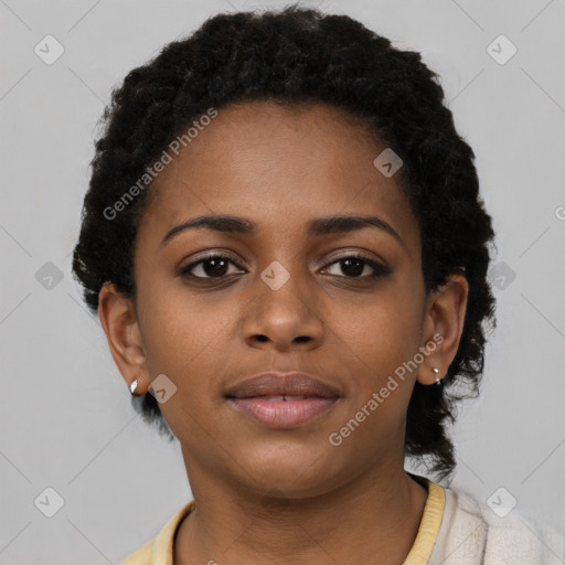 Neutral black young-adult female with short  black hair and brown eyes