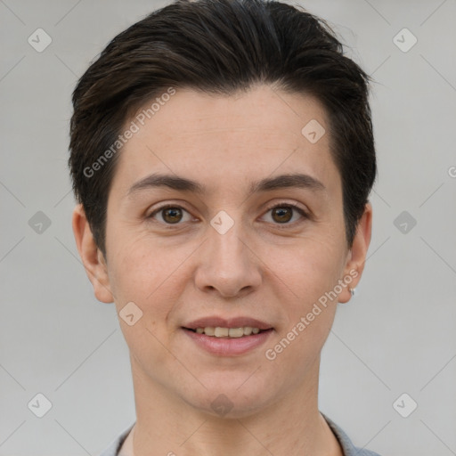 Joyful white young-adult female with short  brown hair and brown eyes