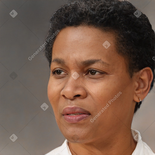 Joyful black adult female with short  brown hair and brown eyes