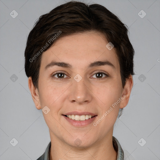 Joyful white young-adult female with short  brown hair and brown eyes