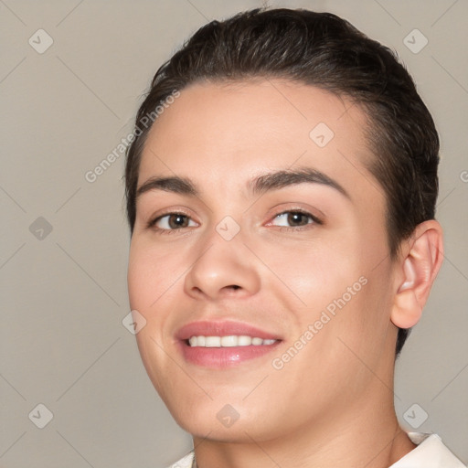 Joyful white young-adult female with short  brown hair and brown eyes