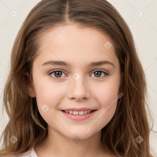 Joyful white child female with long  brown hair and brown eyes