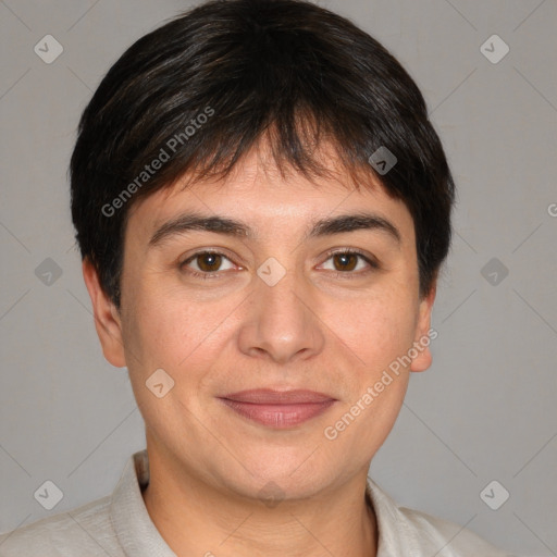 Joyful white young-adult female with short  brown hair and brown eyes