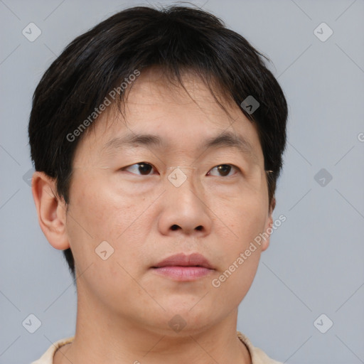 Neutral asian adult male with short  brown hair and brown eyes