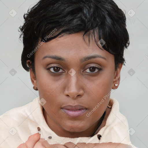 Neutral asian young-adult female with short  brown hair and brown eyes