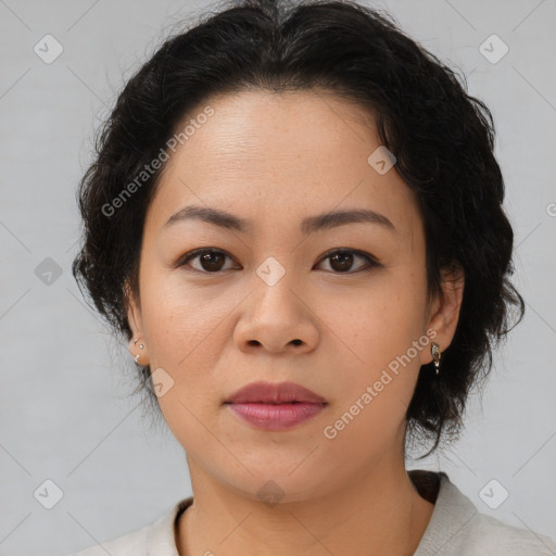 Neutral asian young-adult female with medium  brown hair and brown eyes