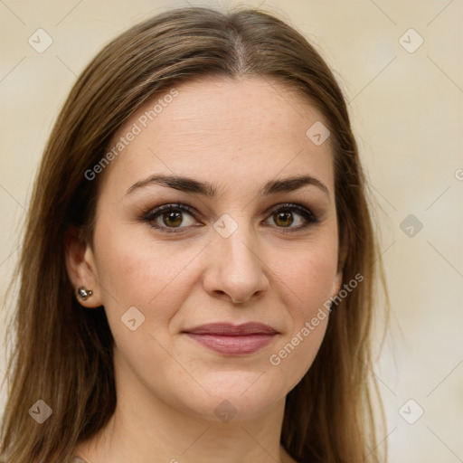 Joyful white young-adult female with long  brown hair and green eyes