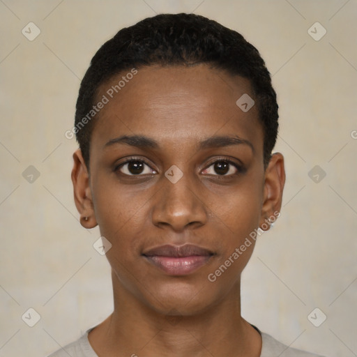 Neutral black young-adult female with short  black hair and brown eyes