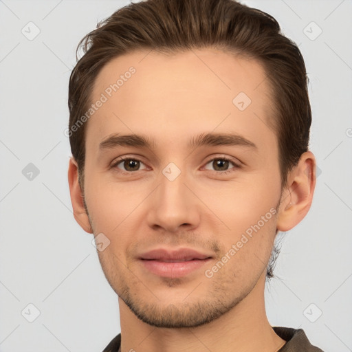 Joyful white young-adult male with short  brown hair and brown eyes