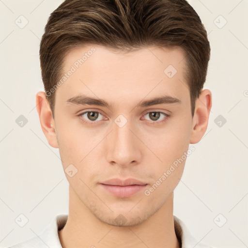 Neutral white young-adult male with short  brown hair and brown eyes