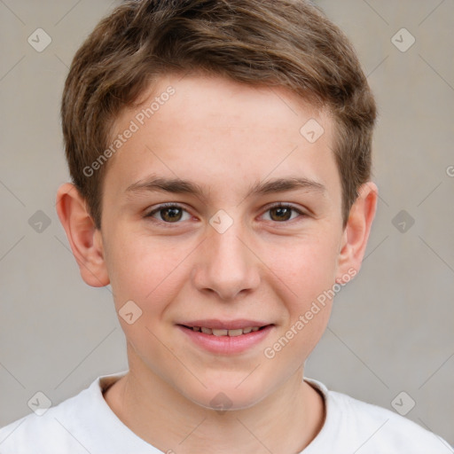 Joyful white child male with short  brown hair and brown eyes