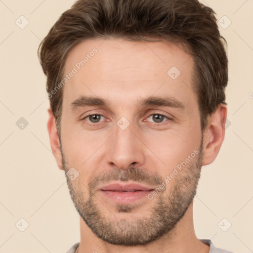 Neutral white young-adult male with short  brown hair and brown eyes