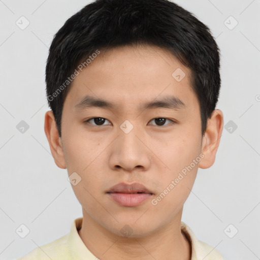 Neutral asian young-adult male with short  black hair and brown eyes