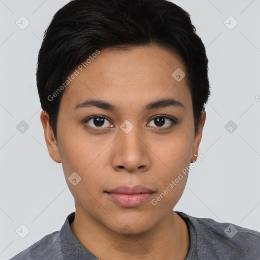 Neutral asian young-adult female with short  black hair and brown eyes