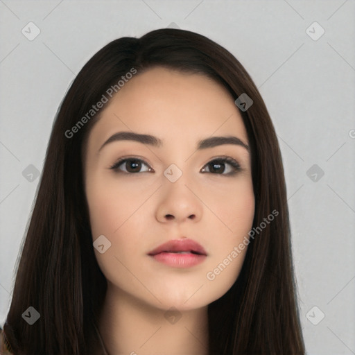 Neutral asian young-adult female with long  brown hair and brown eyes