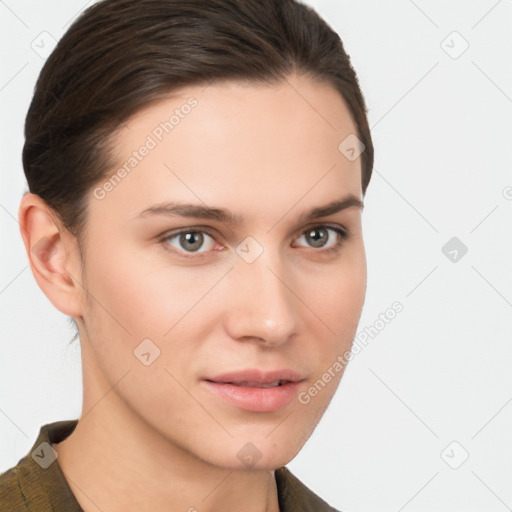 Neutral white young-adult female with medium  brown hair and brown eyes