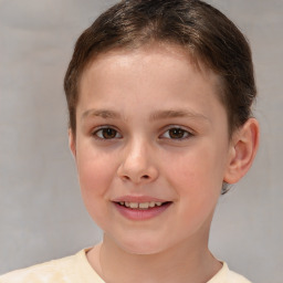 Joyful white child female with short  brown hair and brown eyes