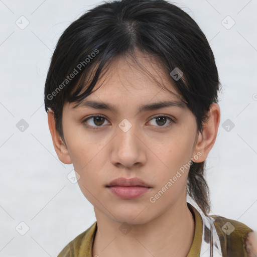 Neutral asian young-adult female with medium  brown hair and brown eyes