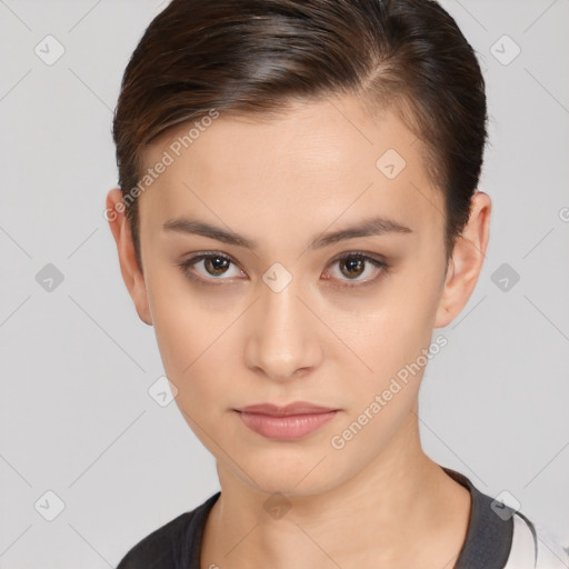 Neutral white young-adult female with short  brown hair and brown eyes