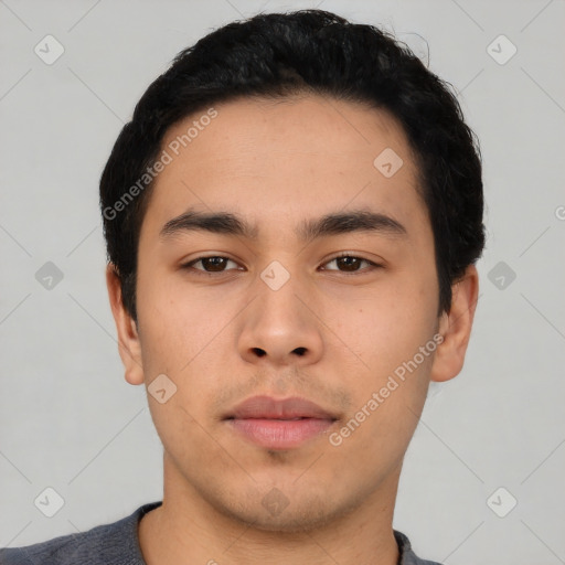 Neutral asian young-adult male with short  black hair and brown eyes