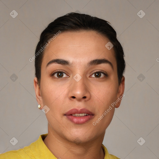 Neutral white young-adult female with short  brown hair and brown eyes