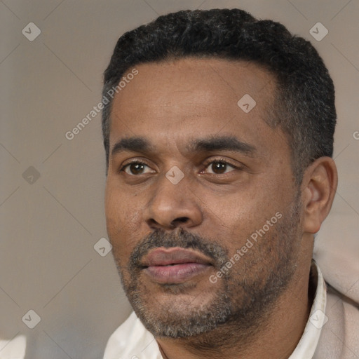 Neutral black adult male with short  black hair and brown eyes
